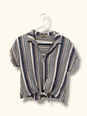 Corvia Striped Tie Shirt Womens M Blue Beige Short Sleeve Collared Linen Blend